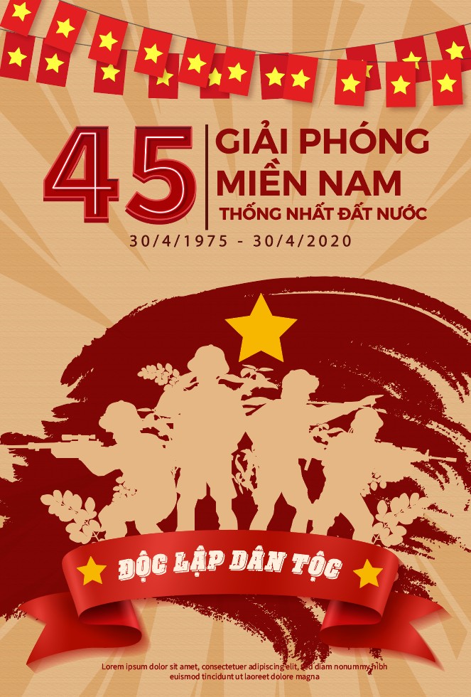 Vietnam's Reunification Day Holiday Banner, Anniversary Commemoration, Soldiers Silhouette, Vietnamese Flags Garland, Thông báo nghỉ lễ ngày Giải phóng miền Nam 30/4